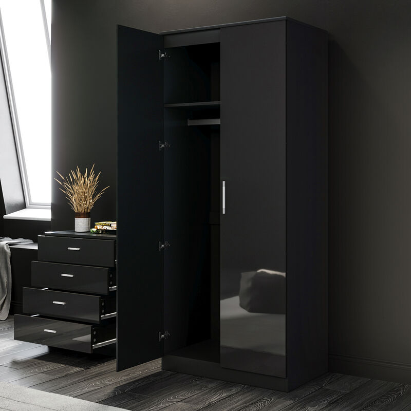 2 Door Wardrobe, High Gloss (Black) Aluminium Clothes Rail & Storage Shelves Wooden Modern Bedroom Storage Furniture - Elegant