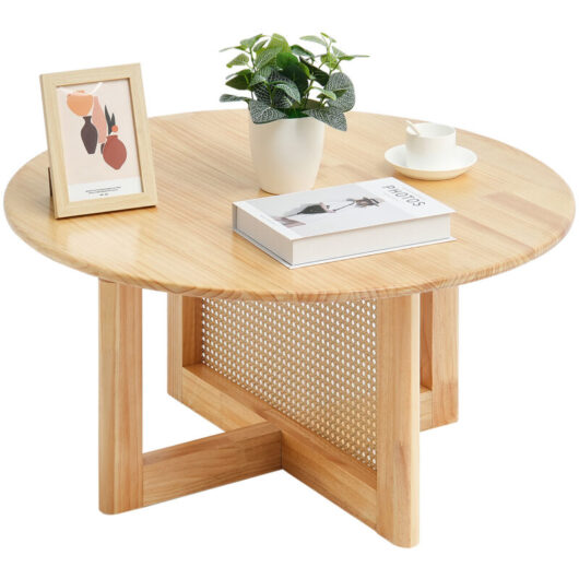 33-Inch Rattan Coffee Table, Round Woven Wood Table with Rubber Wood Top, Modern Boho Circular Storage for Living Room & Bedroom, Natural Wood Legs