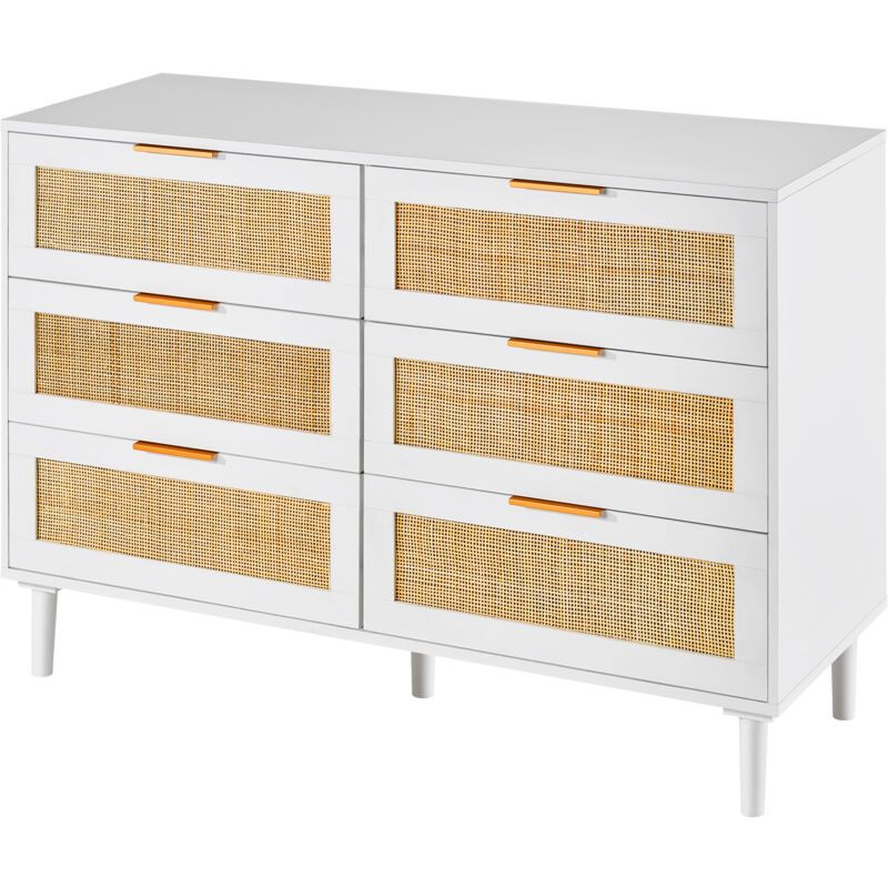 6-Drawer Rattan Dresser, Boho Storage Chest with Spacious Drawers, Natural Rattan Nightstand for Bedroom, Living Room, Hallway, White - Mophorn