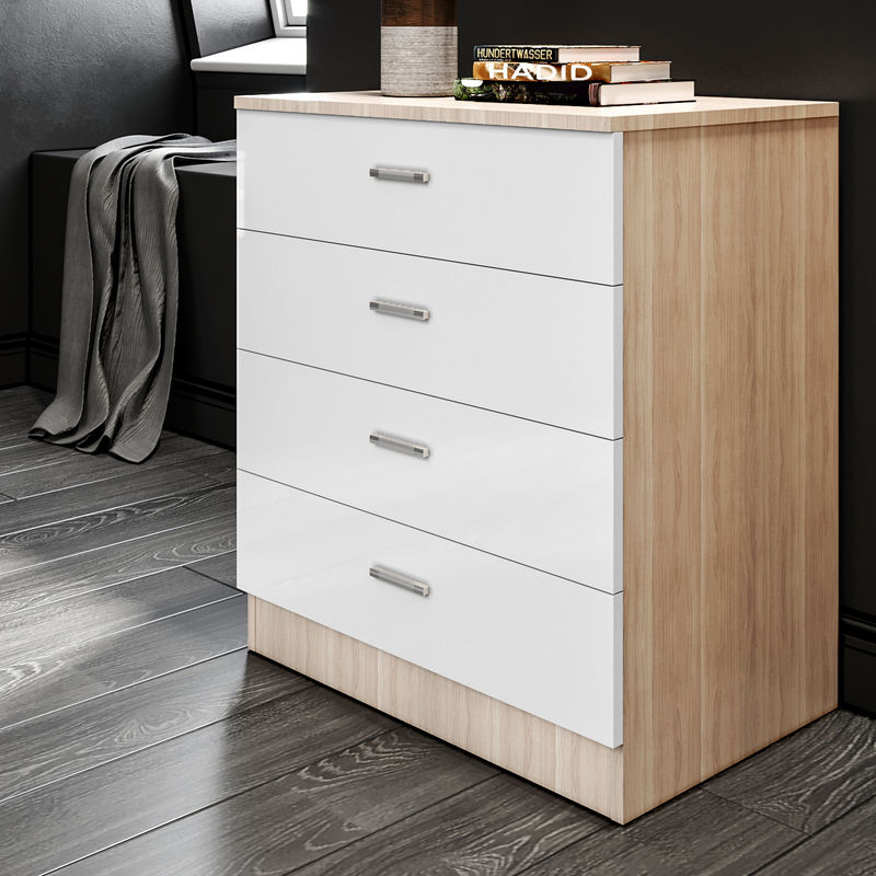 Bedroom Nightstand White/Oak High Gloss Bedside Table Cabinet with Drawer - Elegant