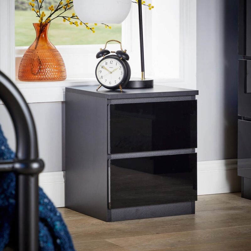Black 2 Drawer Bedside Cabinet Nightstand Modern Storage Unit Furniture Bedroom