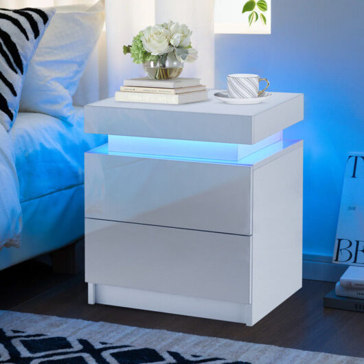 Clipop - Bedside Table with 2 Drawers and led Lights, High Gloss Front Nightstand with Top Storage, Chest of 2 Drawers Storgae Cabinet for Bedroom