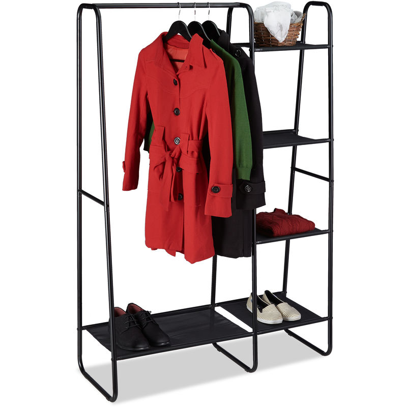 Coat Rack, 5 Shelves, Clothes Rail, Open Wardrobe for Hallway or Bedroom, HxWxD 150x100x40 cm, Black - Relaxdays