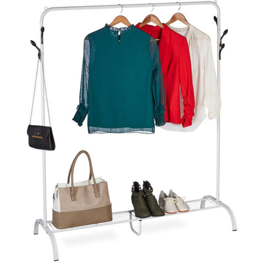 Coat Rack Metal, Shoe & Bag Shelf, 6 Hooks, Clothes Rail Bedroom, hwd: 145 x 132 x 44 cm, Free Standing, White - Relaxdays