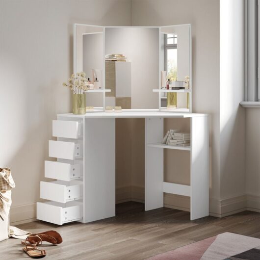 Corner Dressing Table Makeup Dresser Desk with 3 Large Mirrors 5 Drawers White Vanity Console Bedroom Modern Furniture, Single table - Elegant