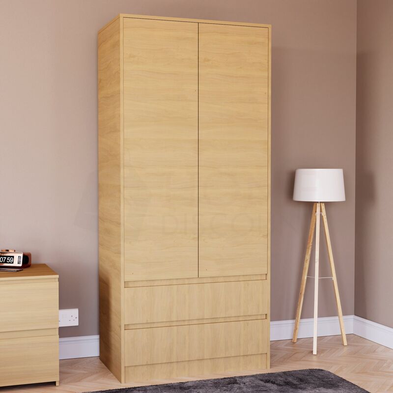 Denver 2 Door Wardrobe with 2 Drawers and Hanging Rail Bedroom Furniture, Pine
