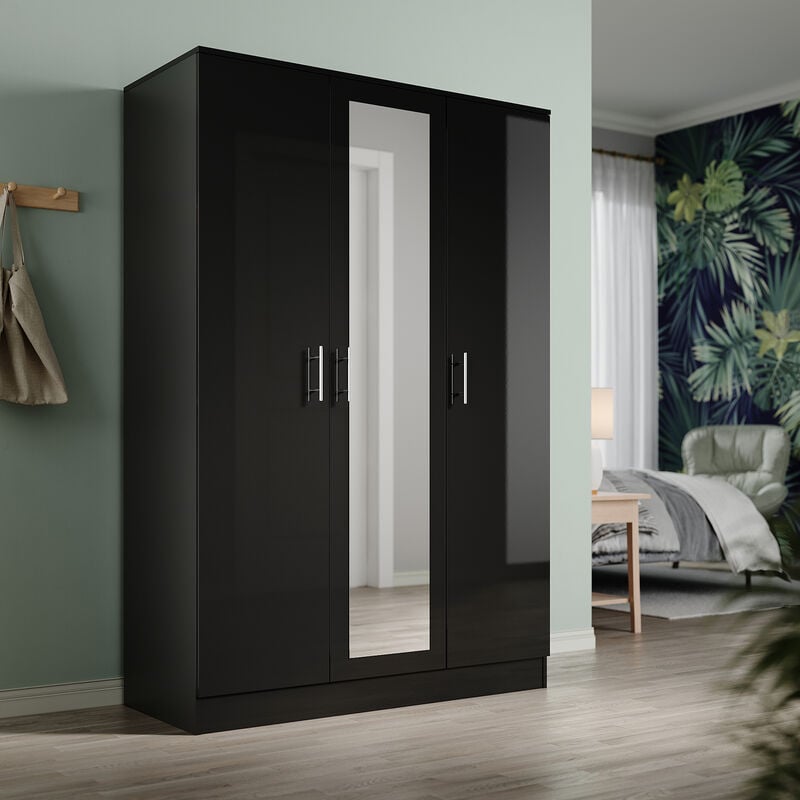 Elegant - Bedroom Furniture Wardrobes 3 Door High Gloss Door Closet with Large Storage Capacity Multi Compartment with Mirror Black 1200 x 500 x