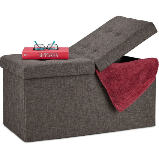 Folding Storage Bench, Padded, Hinged Lid, Hallway Chest, Bedroom Stand, Brown - Relaxdays