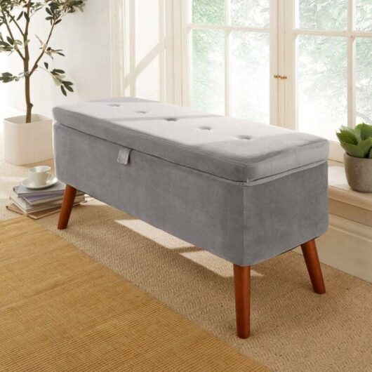 Grey Fabric Velvet Storage Ottoman Chest Bedding Blanket Box Wooden Legs - Carson