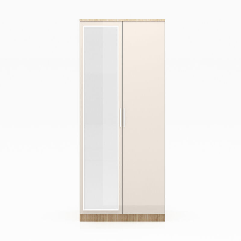 High Gloss 2 Doors Wardrobe with Mirror, Soft Close Hinge Mirrored Wardrobe Cabinet, Bedroom Furniture Set with Hanging Rod and Storage Shelves,