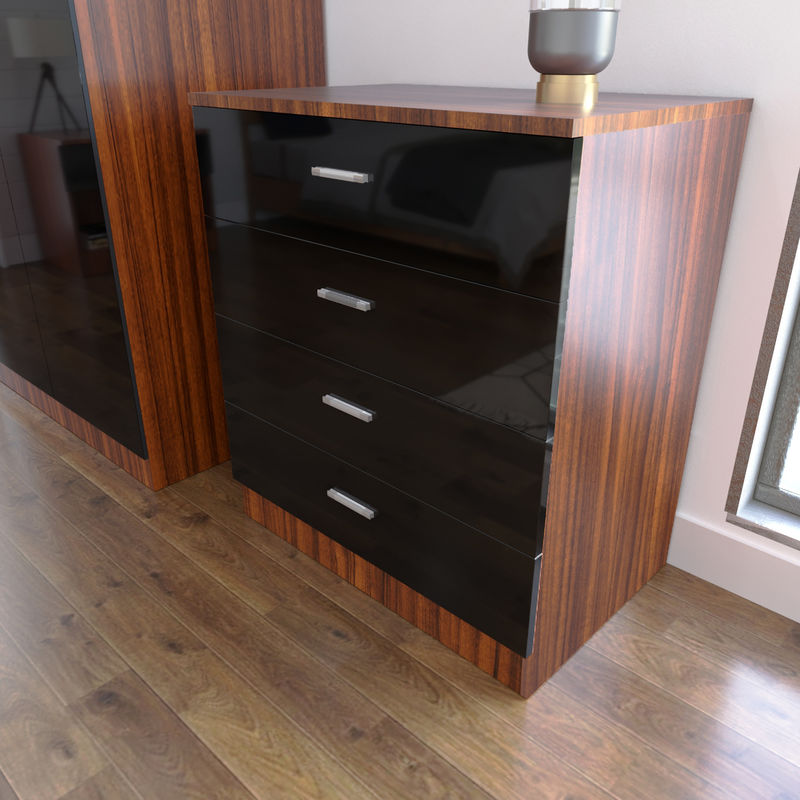 Modern High Gloss 4 spacious Drawer Chest with Metal Handles for Bedroom or Home Storage Organizer, Black/Walnut - Elegant