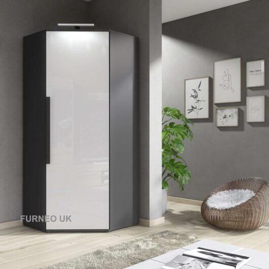 Modern White High Gloss & Matt Graphite Corner Wardrobe Bedroom Closet Storage With led Light Clifton 14G - Furneo