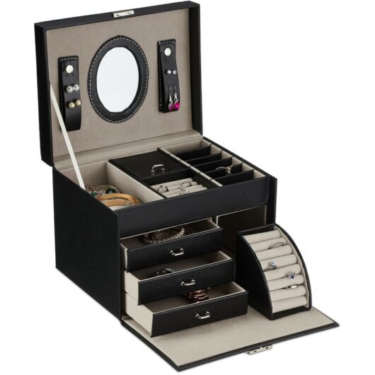Relaxdays - Jewellery Box with Mirror, Jewellery Storage, Ring Drawer, HxWxD: 18.5 x 24 x 19 cm, Removable Tray, Black