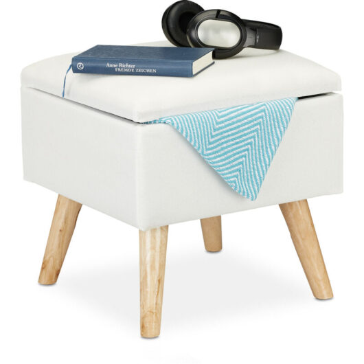 Relaxdays - Storage Ottoman, Faux Linen Cover, Padded, Wooden Legs, Lidded Seat, hwd 40x40x40 cm, White