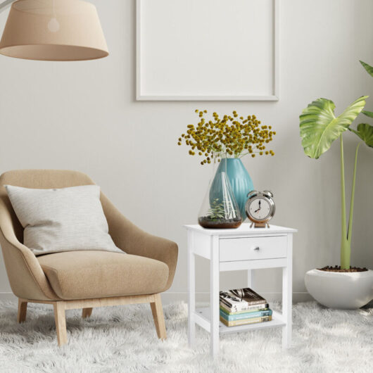 White Bedside Table Wooden Nightstand Cabinet Storage Unit with Shelf & Drawer