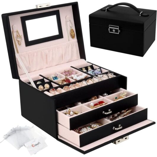 Longziming - Jewelery Box, Jewelery Box with Mirror and 2 Drawers, Jewelery Storage 3-Layer Travel Lockable Jewelery Box, Jewelery Organizer for