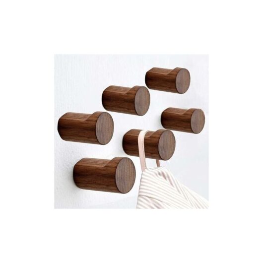 Snow Wall Mounted Coat Rack, Wood Coat Hook Wall Storage Round Wall Hook Wood Wall Hanging Hooks Set of 6 (Black Walnut Color)