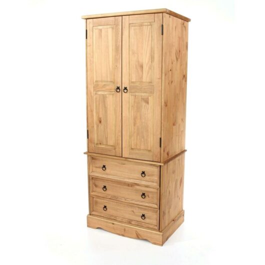 Tall Solid Pine 2 Door Wardrobe With 3 Drawers Bedroom Storage Hanging Bar