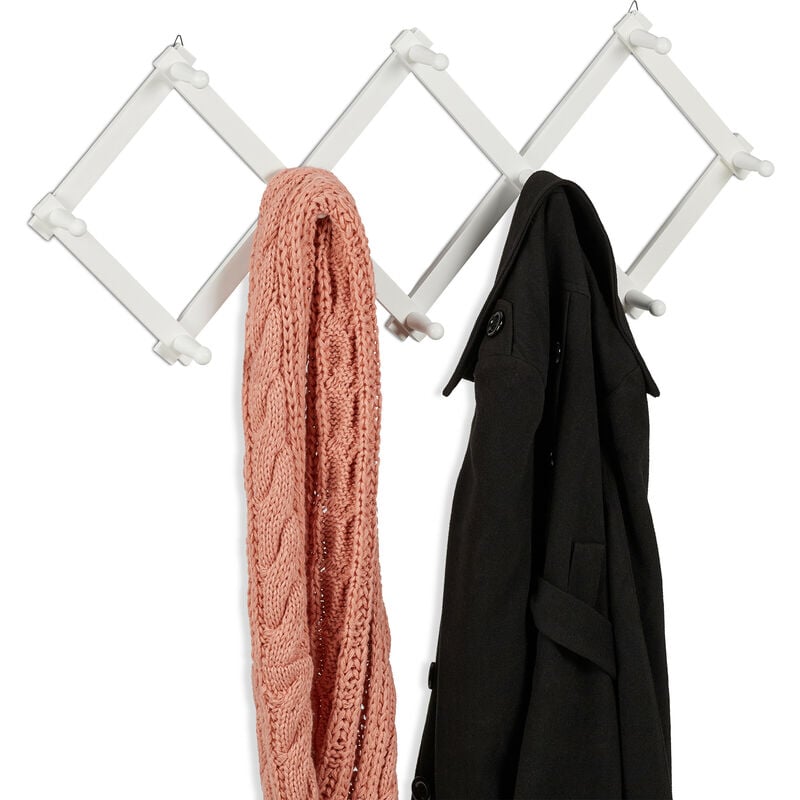 Wall Coat Rack, Wooden, Expandable, 10 Jacket Hooks, Hallway Outerwear Storage, 5.5 x 111 x 7.5 cm, White - Relaxdays
