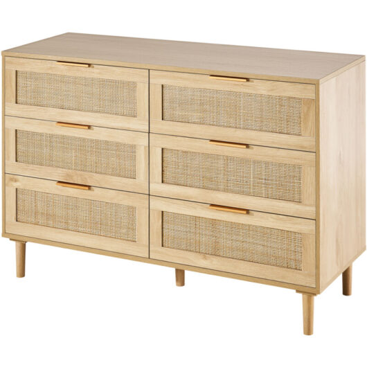 6-Drawer Natural Rattan Dresser - Boho Style with Spacious Storage for Bedroom, Living Room & Hallway, Brown, Sturdy Handles & Legs - Mophorn