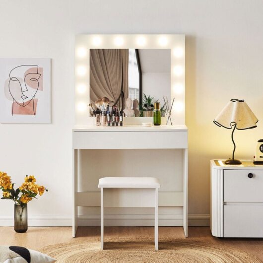 Clipop - Dressing Table White with Hollywood led Lights, 3-Color Lighting Modes, Vanity Makeup Desk with 1 Large Storage Drawer and Stool, Women Girl