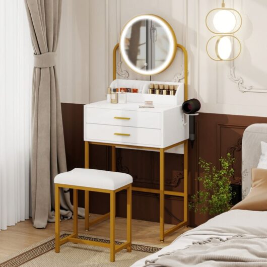 Puluomis - Dressing Table with led Lights, Vanity Table with Adjustable Brightness Mirror, Makeup Desk with 2 Large Drawers and Hair Dryer Rack,