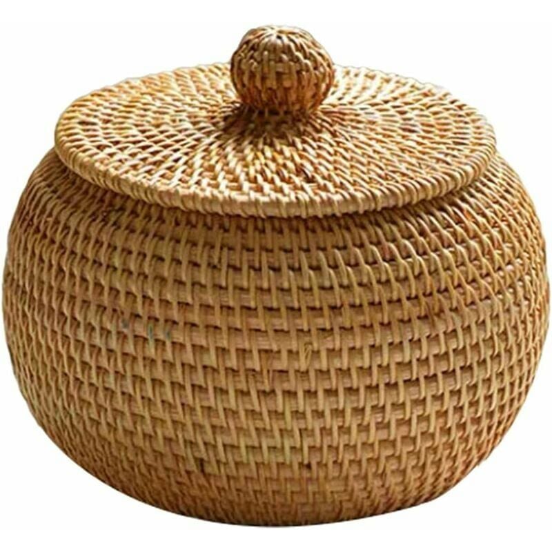 Dewdat - Wicker Storage Basket with Lid-Rattan Basket Small Wicker Box-Natural Rattan Woven for Bedroom Living Room Office,15 x 12cm