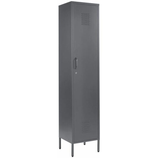 Grey Metal Tall 3 Shelve Locker Cabinet, 1 Door Wardrobe Storage Cupboard for Home or Office