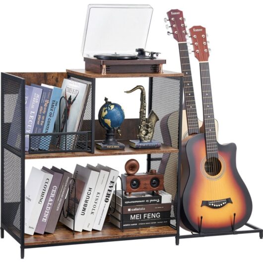 Mophorn - 3-Tier Record Player Stand with Guitar Holder, Turntable Stand with Storage for 300 Albums, Vinyl Record Cabinet with Metal Mesh Frame,
