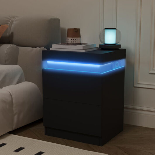 Puluomis - Bedside Table with Charging Station, Side Table with rgb Light, End Table with 2 Drawers, Bedroom and Living Room, Black