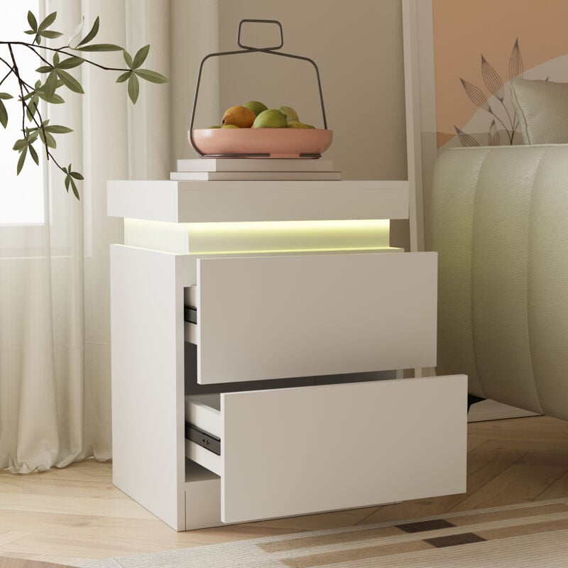 Puluomis - Bedside Table with Charging Station, Side Table with rgb Light, End Table with 2 Drawers, Bedroom and Living Room, White