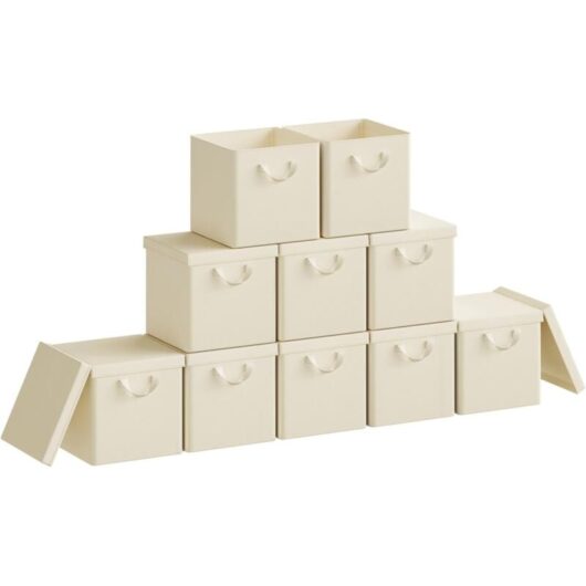 WOLTU 10x 25L Storage Boxes, Stackable Design Storage Chests Fabric, Cream