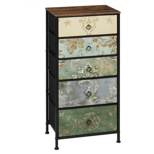 Woltu - 5 Drawer Chest of Drawers Bedroom Storage Furniture, Rustic Brown and Black with Retro Flower Pattern