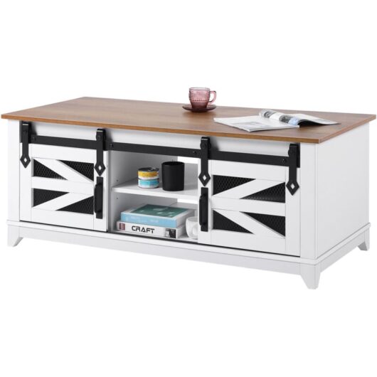 48' Farmhouse Coffee Table, Rectangle Table with 2 Sliding Barn Doors, 2-Tier Wooden Rustic Design with Removable Shelves for Living Room, Bedroom,