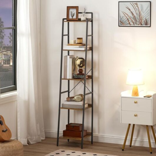 Ladder Shelf, Tall Narrow Bookcase, 5-Tier Book Shelf with Metal Frame, Tall Storage Shelf, Industrial Storage Unit for Home Office, Living Room,