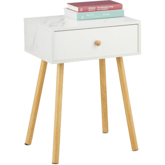 Relaxdays - Bedside Table, with Drawer, Marble & Wood Look, hwd: 55 x 40 x 32 cm, Bedroom Nightstand, White/Natural