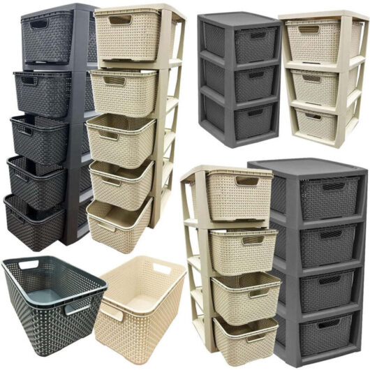 1 x 5 Grey Stylish Rattan Effect Storage Tower Commode Baskets