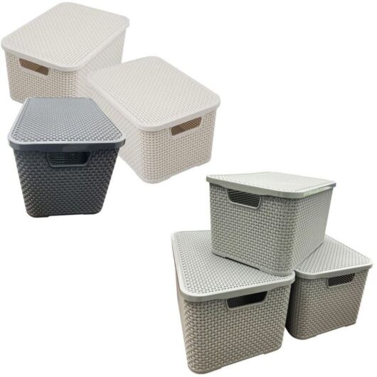 1 x Light Grey Nature Inspired Home & Office Rattan Effect Storage Baskets With Lids
