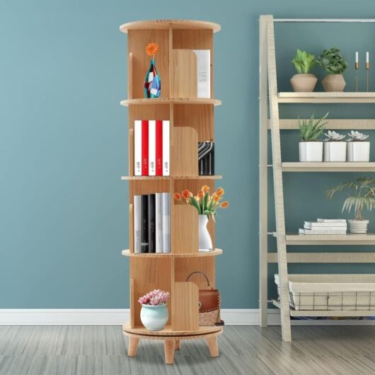 4 tiers Pine Wood Rotating Bookshelf, 360 Display Floor Standing Bookcase Storage Rack for Kids&Adults, Multi-Functional Bookshelf Organizer Used for