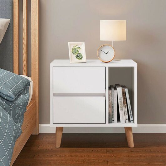 Bedside Table, Retro Cabinet Storage Unit, Open Side Storage, Nightstands with 2 Drawers, White