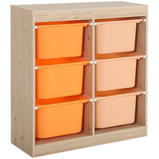 Children's storage unit with 6 plastic bins, Natural-coloured, Orange/Peach, 81.5x30x89 cm - Sora