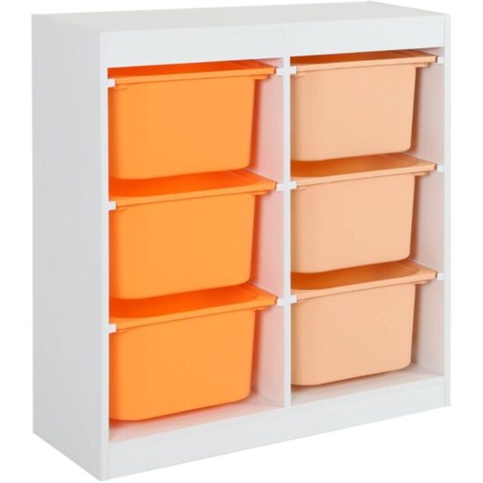 Children's storage unit with 6 plastic bins, White, Orange/Peach, 81.5x30x89 cm - Sora