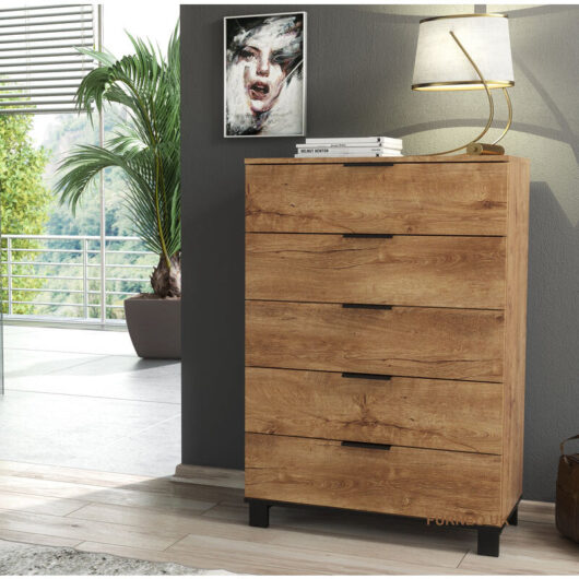 Furneo - Modern Dark Oak Effect Chest of Drawers Cabinet 5 Drawers Storage Cozy 05