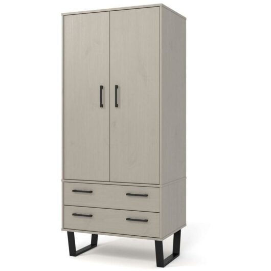 Home Source - Wardrobe 2 Drawer 2 Door Bedroom Furniture Metal Legs Solid Wood Hanging Rail