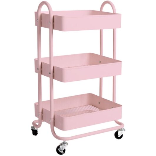 Levede 3 Tiers Kitchen Trolley Cart Steel Storage Rack Shelf Organiser Pink