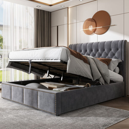 Modernluxe - 4ft6 Bed Upholstered bed, functional storage bed, rivet decoration, without mattress, Velvet, grey, (135x190cm)