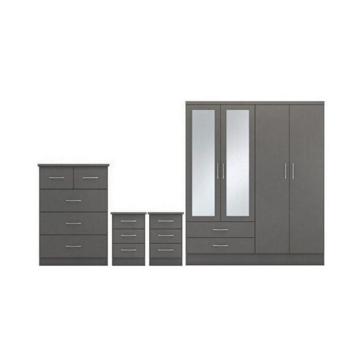 Nevada 4 Door 2 Drawer Mirrored Wardrobe Bedroom Set - 3D Effect Grey