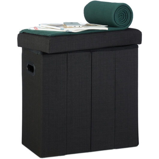 Relaxdays - Folding Ottoman, HxWxD: 49.5 x 46 x 25.5 cm, with Storage, Foldable Footstool, Linen, Polyester, mdf, Black