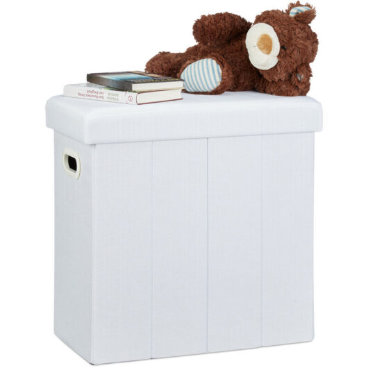 Relaxdays - Folding Ottoman, HxWxD: 49.5 x 46 x 25.5 cm, with Storage, Foldable Footstool, Linen, Polyester, mdf, White