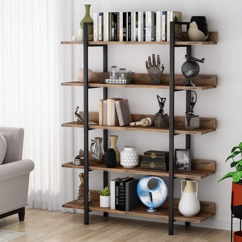 Tribesigns - 5-Tier Bookcase Storage Rack Standing Shelf Industrial Stable Storage Display Rack with Metal Frame for Living Room Home Office, Brown